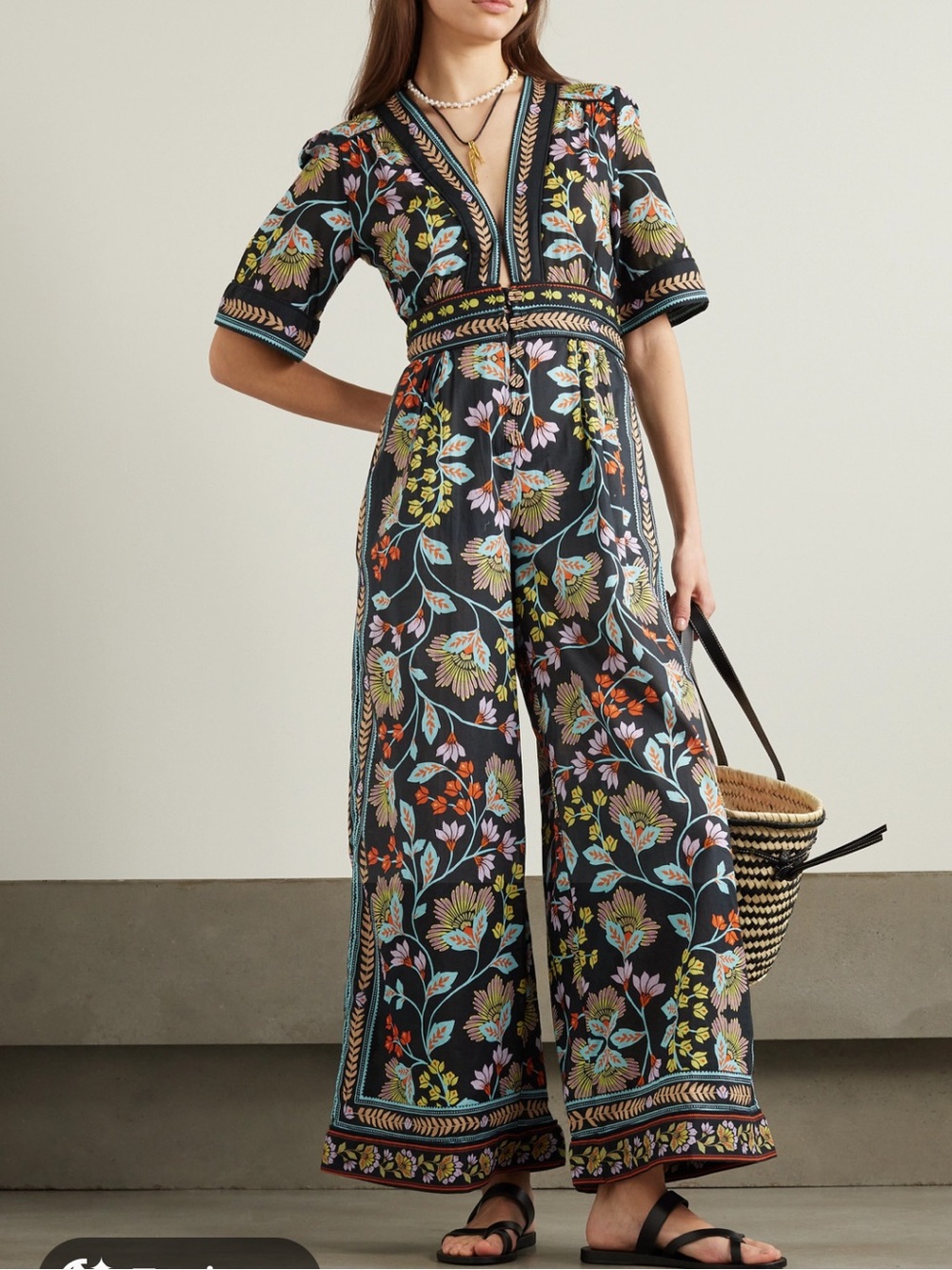 FARM Rio Black Floral-Print Wide-Leg Jumpsuit